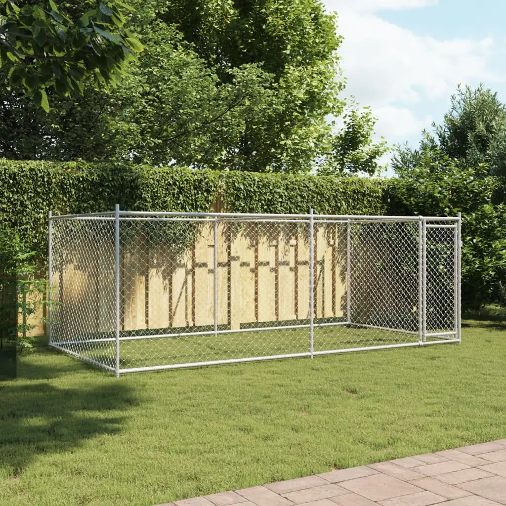 Dog Kennel Outdoor Cage Grey Galvanised Steel 4 x 2 x 1.5 m