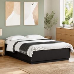 Black Bed Frame with RGB LED Lights Slatted Base 150x200 cm Platform Bedroom