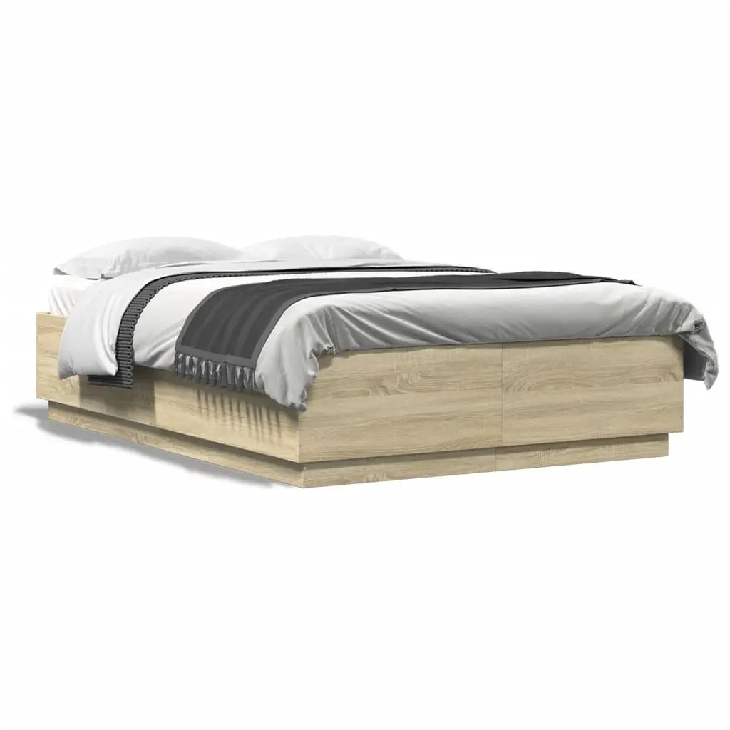 Bed Frame with RGB LED Lights Engineered Wood 150x200cm Slatted Base Brown