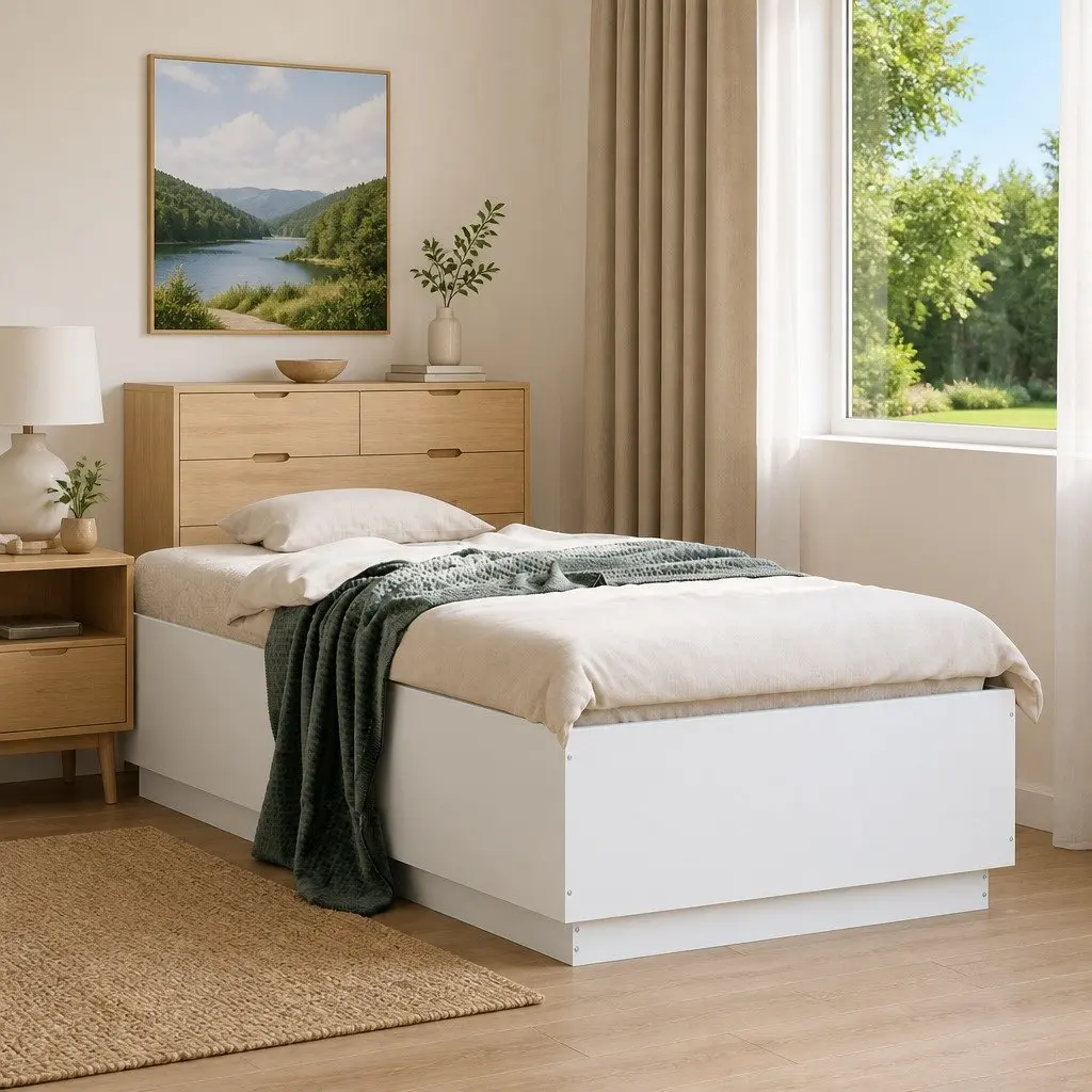White Modern Bed Frame Slatted Base 90x190 cm Engineered Wood