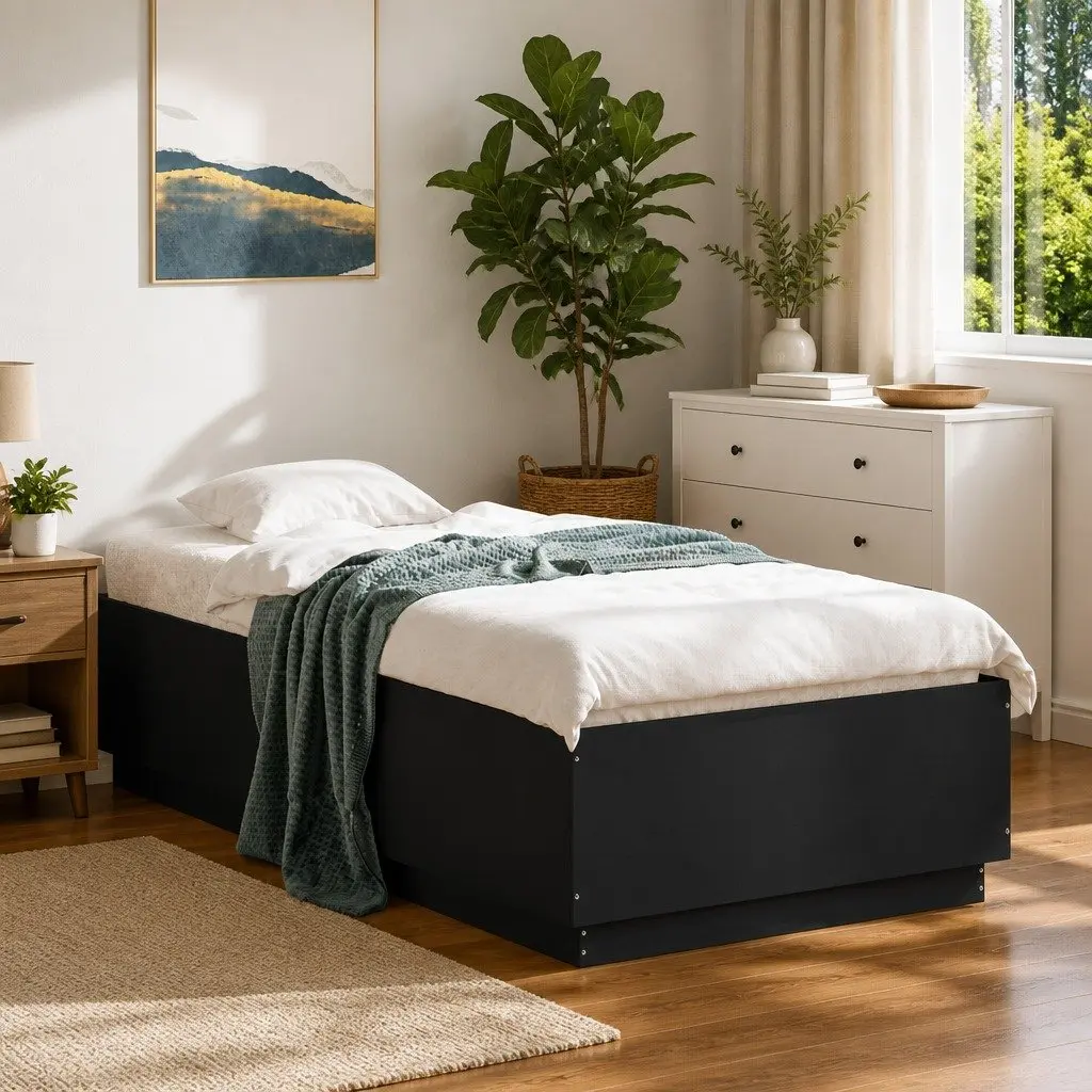 Black Bed Frame Engineered Wood 90x190 cm with Slatted Base for Bedroom Furniture