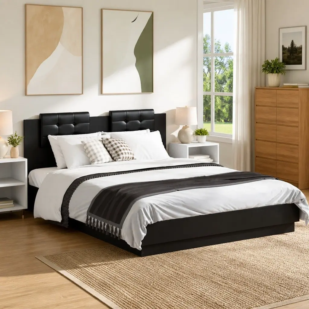 Bed Frame with Headboard Black Engineered Wood 150x200 cm