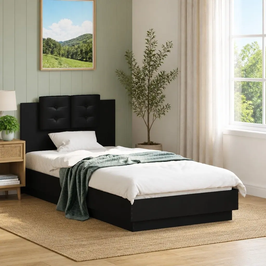 Bed Frame with Headboard Black Engineered Wood 90x190 cm