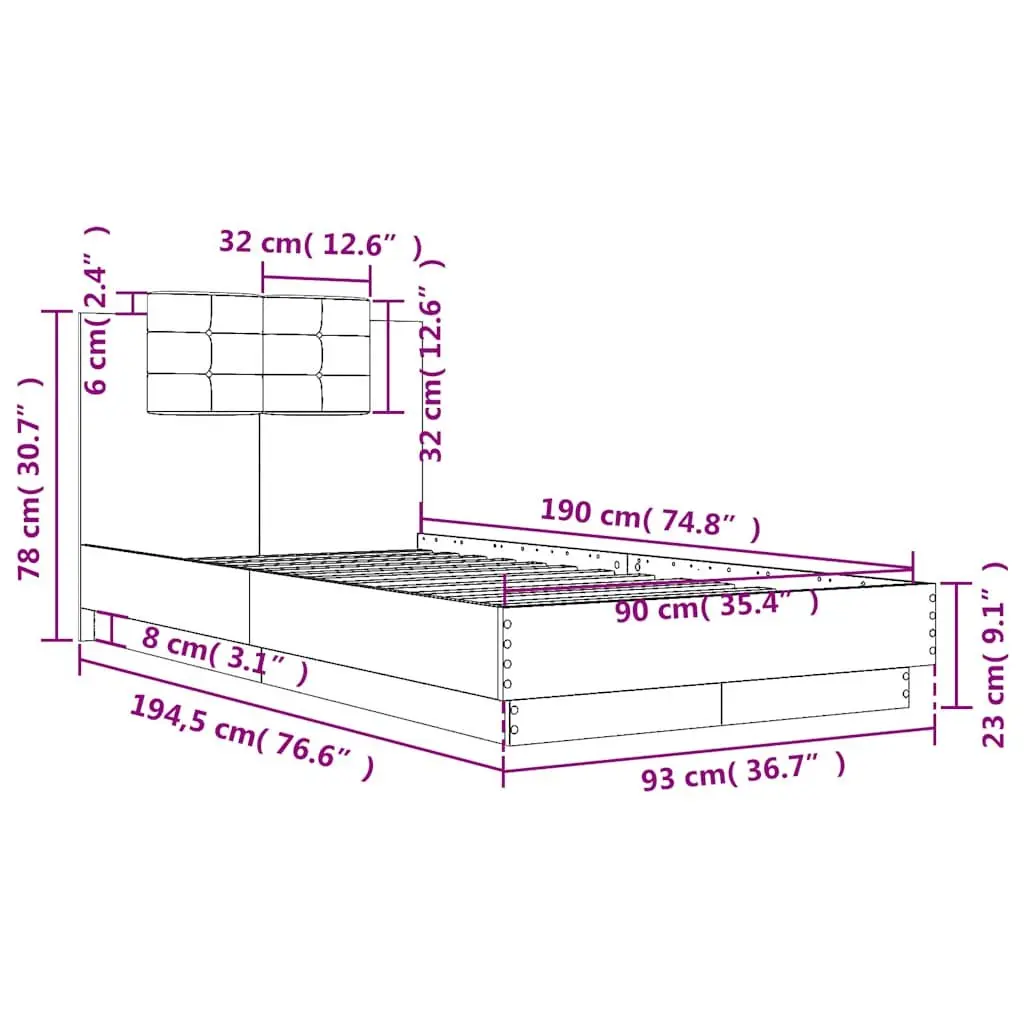 Bed Frame with Headboard Black Engineered Wood 90x190 cm