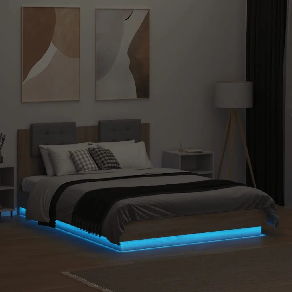 Bed Frame with LED Lights Headboard Brown Engineered Wood 135x190cm Slatted