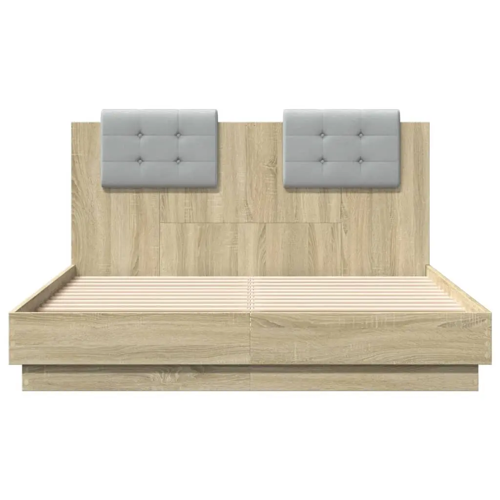 Bed Frame with LED Lights Headboard Brown Engineered Wood 135x190cm Slatted