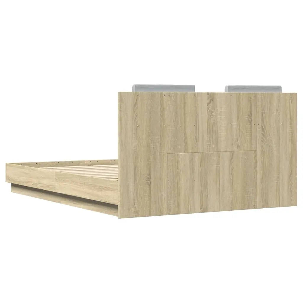 Bed Frame with LED Lights Headboard Brown Engineered Wood 135x190cm Slatted