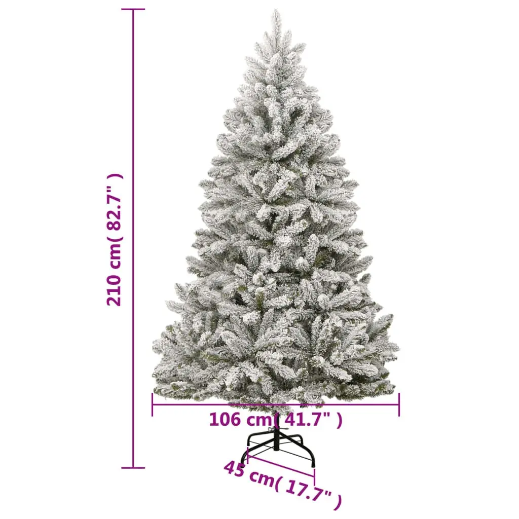 Artificial Hinged Christmas Tree 210cm Green White 300 LEDs Flocked Snow 8 Modes
