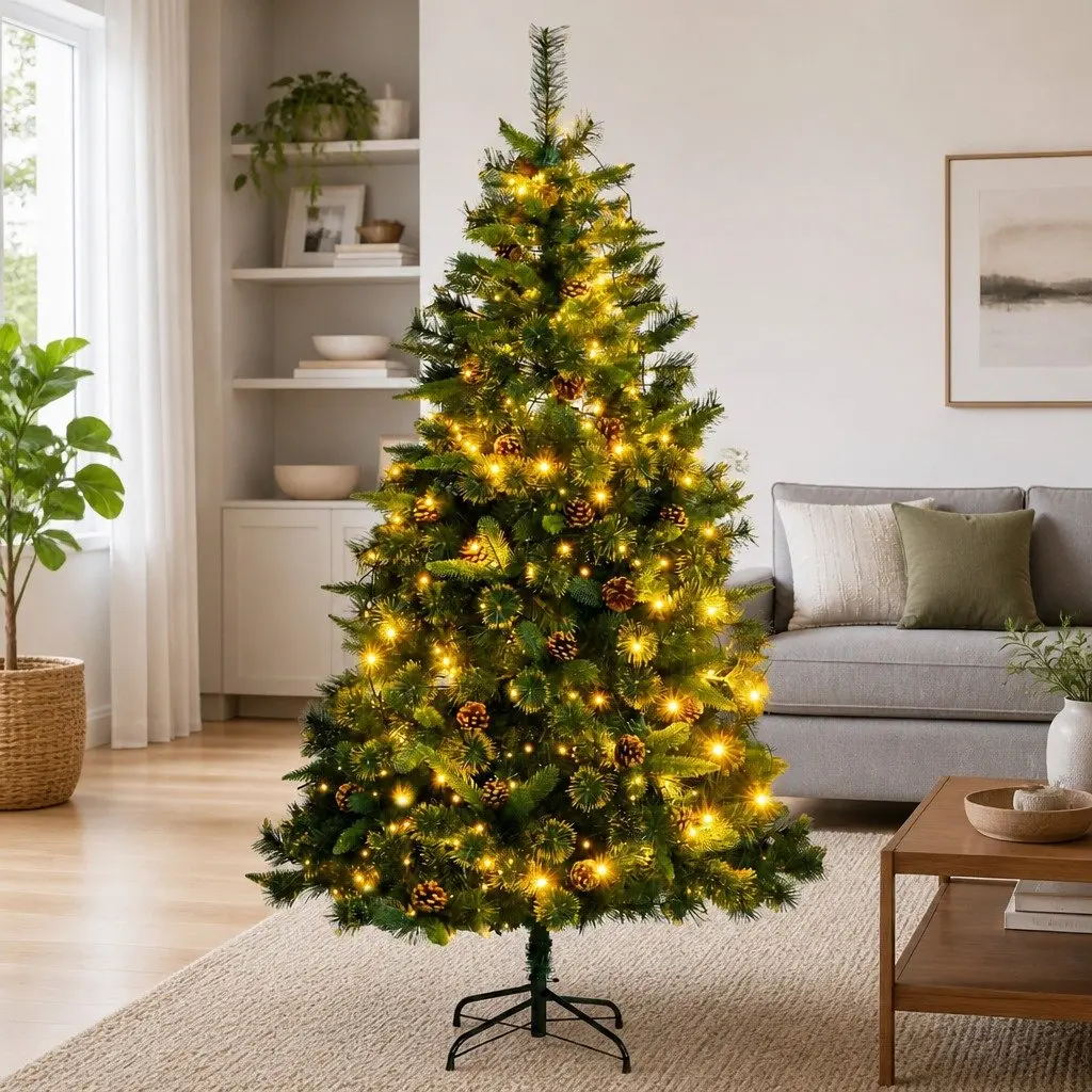 Artificial Hinged Christmas Tree 180cm 300 LEDs 8 Lighting Modes Holiday Decor