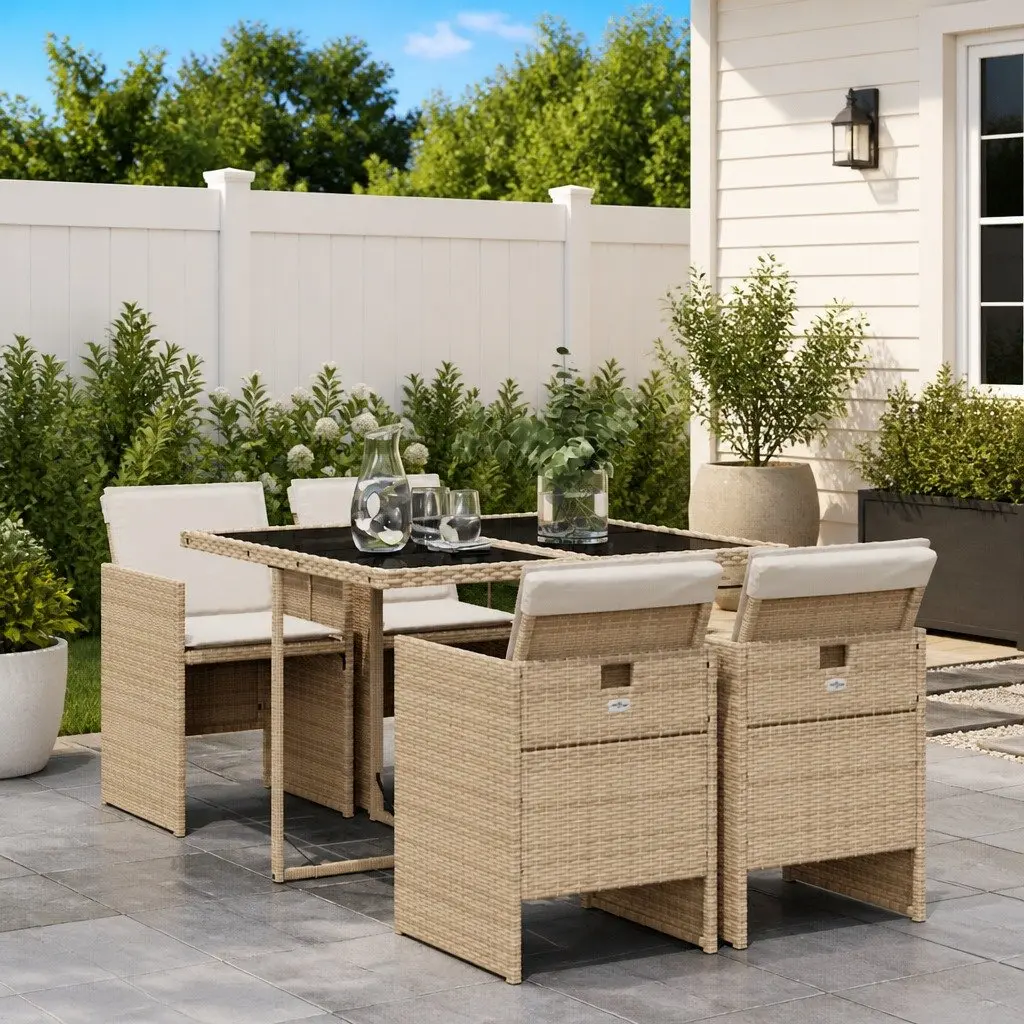 Garden Dining Set 5 Piece Beige Poly Rattan with Cushions and Tempered Glass Table