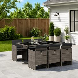 7 Piece Garden Dining Set Poly Rattan Grey Outdoor Patio Table Chairs Cushions