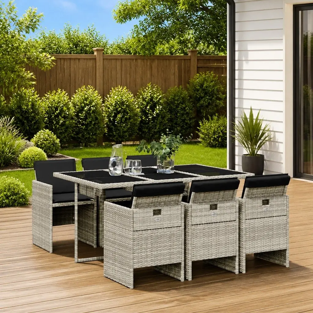 7 Piece Patio Dining Set Lightweight Grey PE Rattan Outdoor Furniture with Thick Cushions and Tempered Glass Tabletop