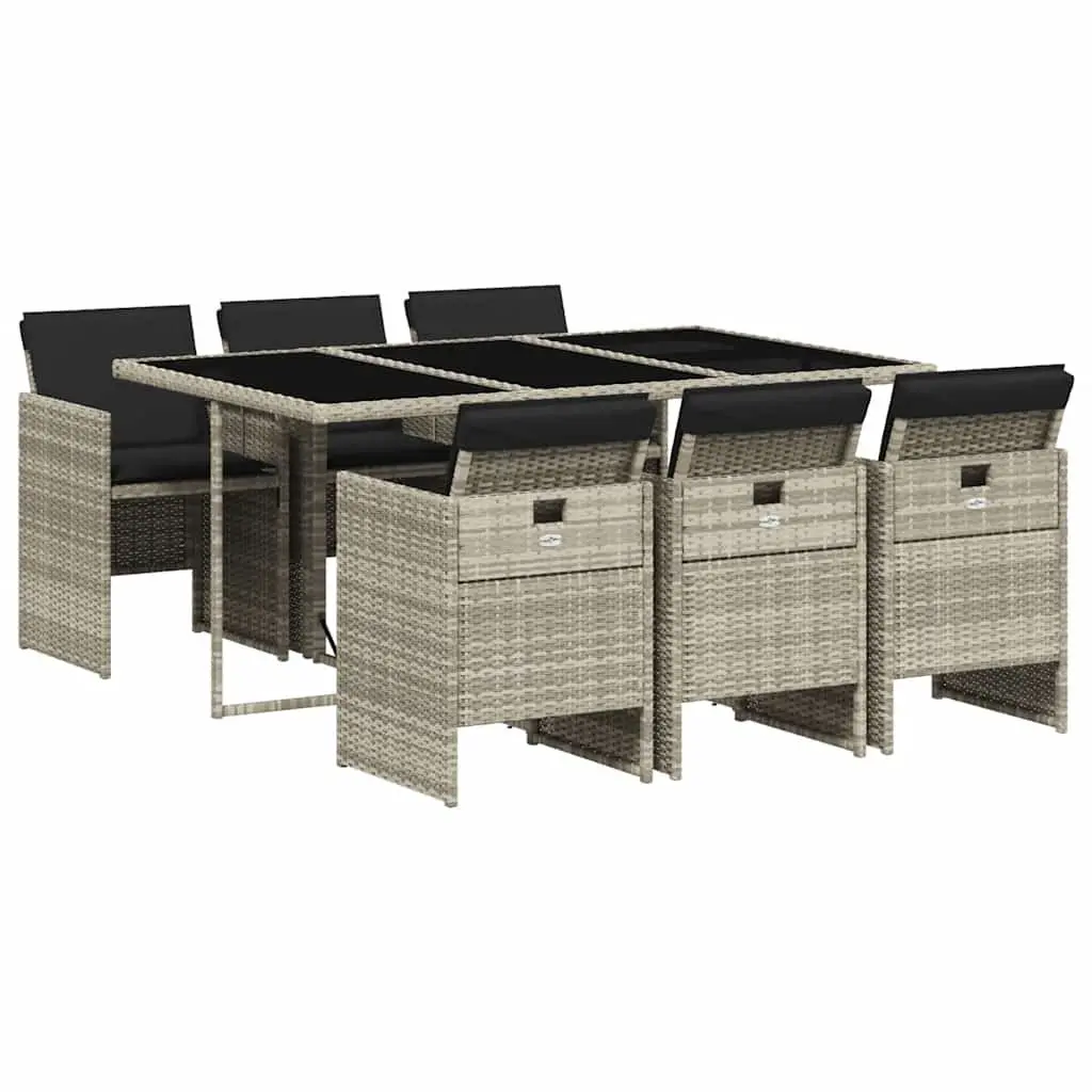 7 Piece Patio Dining Set Lightweight Grey PE Rattan Outdoor Furniture with Thick Cushions and Tempered Glass Tabletop