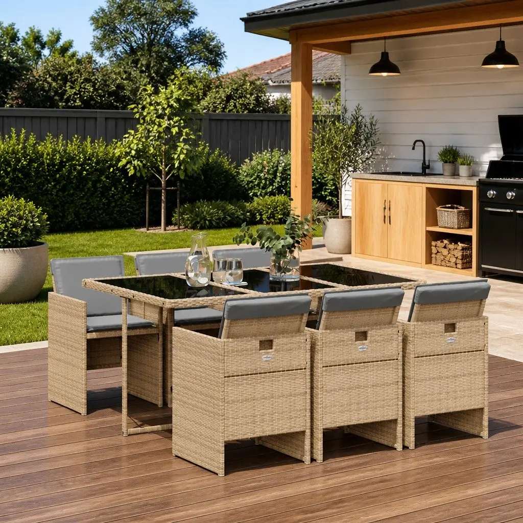 Garden Dining Set 7 Piece Outdoor Patio Furniture Beige Poly Rattan with Cushions