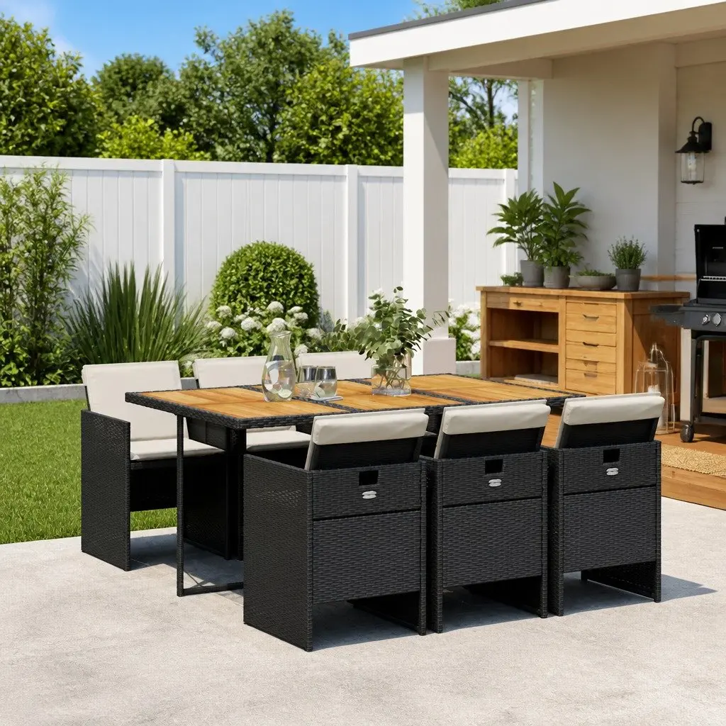 7 Piece Outdoor Garden Dining Set Black Poly Rattan Chairs Acacia Wood Table