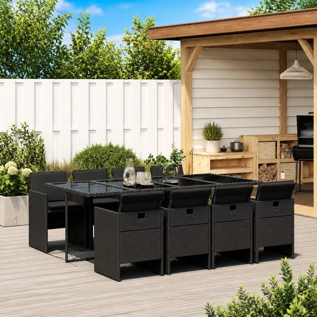 9 Piece Garden Dining Set Black Rattan Chairs with Tempered Glass Table for Outdoor Patio Use