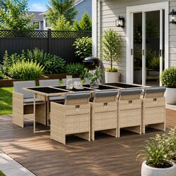 9 Piece Garden Dining Set Outdoor Furniture Patio Rattan Chairs Table Beige