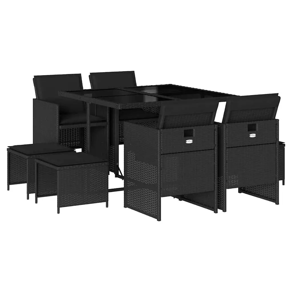 9 Piece Black Poly Rattan Patio Furniture Set with Foldable Chairs and Tempered Glass Table for Outdoor Dining and Relaxation