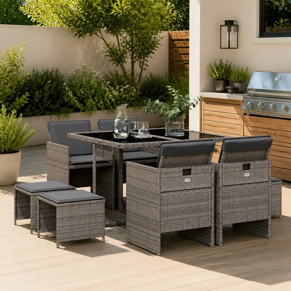 Outdoor Dining Set Grey Poly Rattan Chairs and Table 9 Piece with Cushions