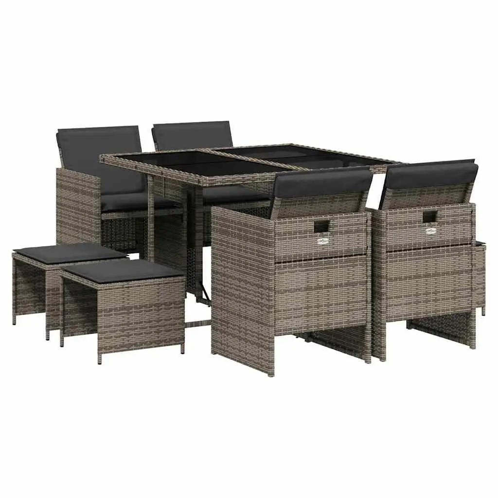 Outdoor Dining Set Grey Poly Rattan Chairs and Table 9 Piece with Cushions