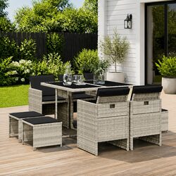 9 Piece Outdoor Garden Dining Set Grey Poly Rattan Patio Table Chairs Cushions