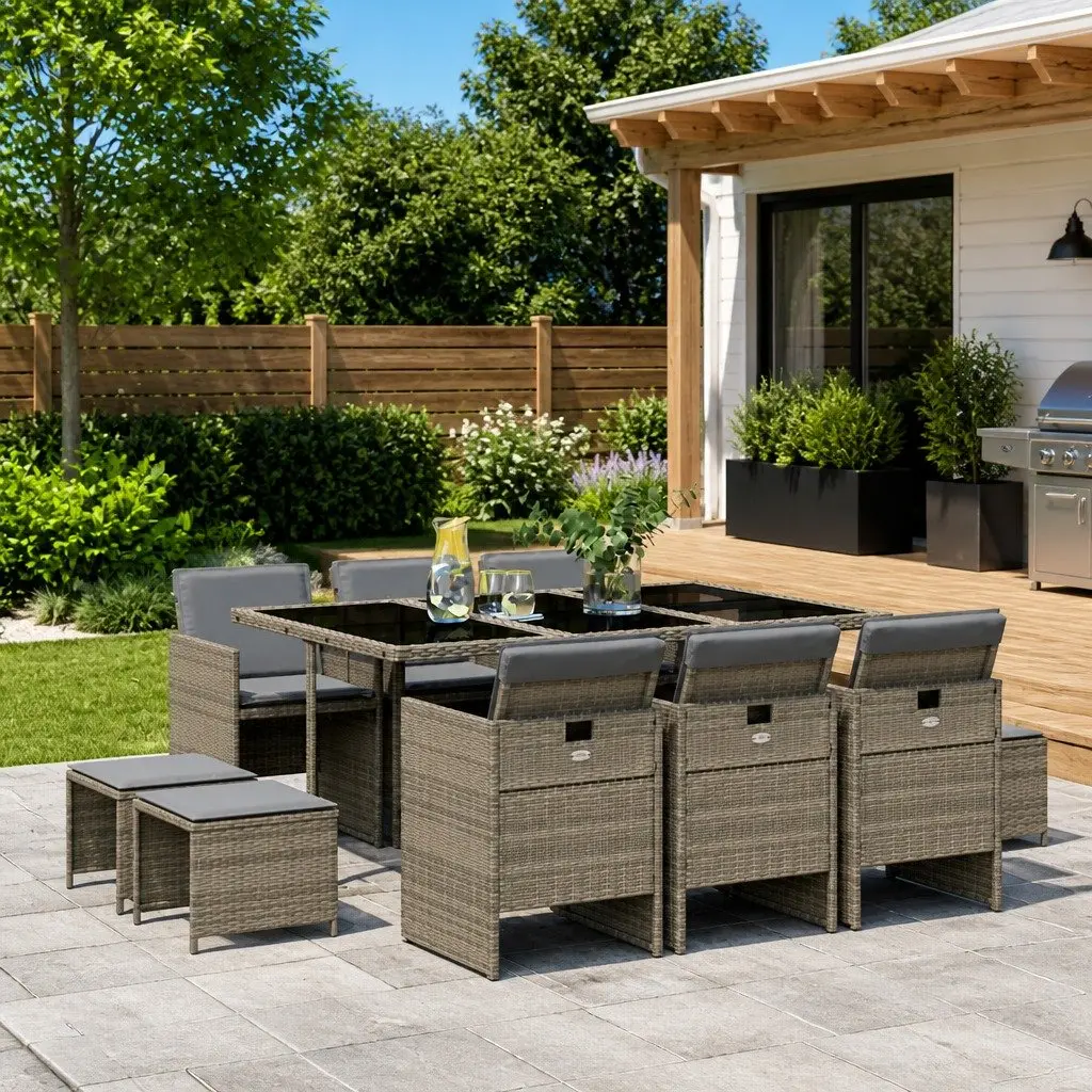 Garden Dining Set 11 Piece Grey Rattan Table with Cushions Foldable Chairs and Stools