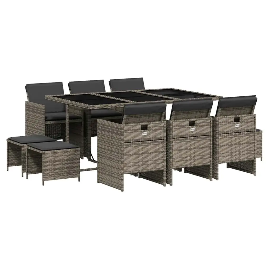 Garden Dining Set 11 Piece Grey Rattan Table with Cushions Foldable Chairs and Stools
