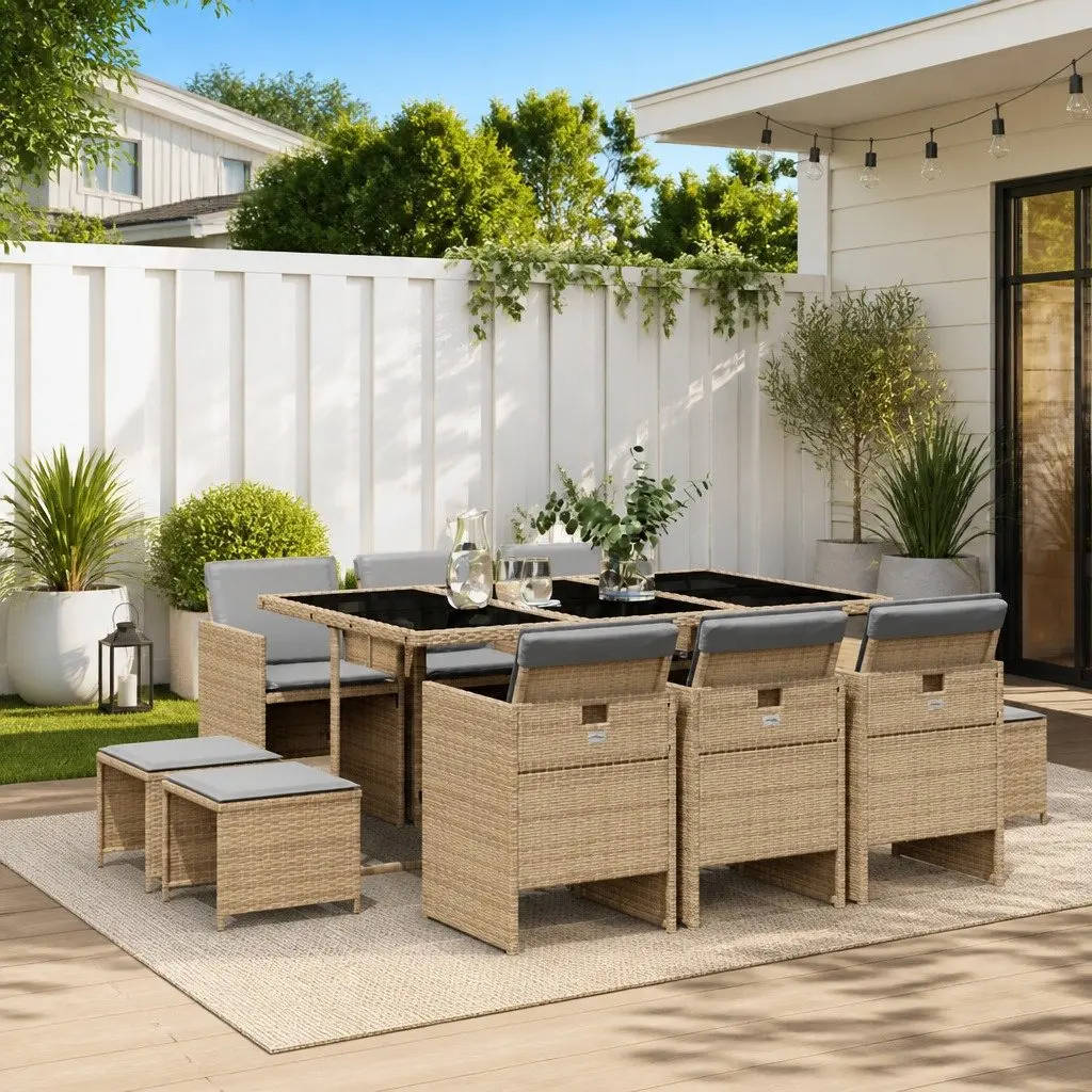 Outdoor Furniture Dining Set 11 Piece Beige Poly Rattan Table with Cushions for Patio and Garden