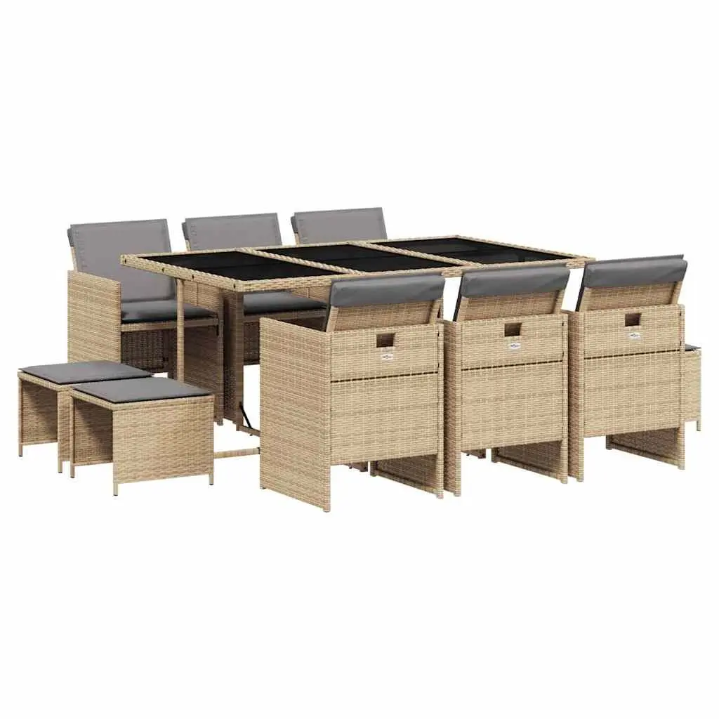 Outdoor Furniture Dining Set 11 Piece Beige Poly Rattan Table with Cushions for Patio and Garden