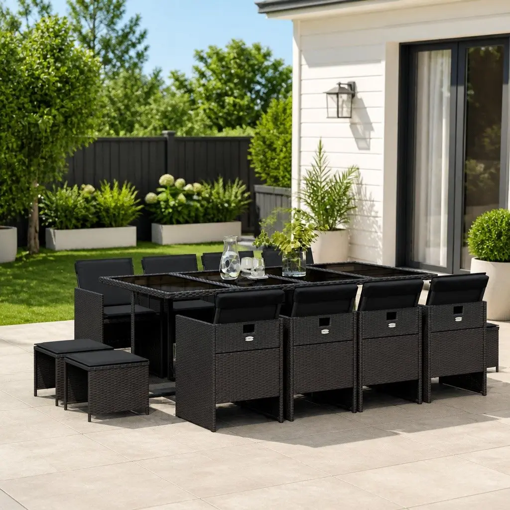 13 Piece Garden Furniture Dining Set with Cushions Black Poly Rattan Outdoor