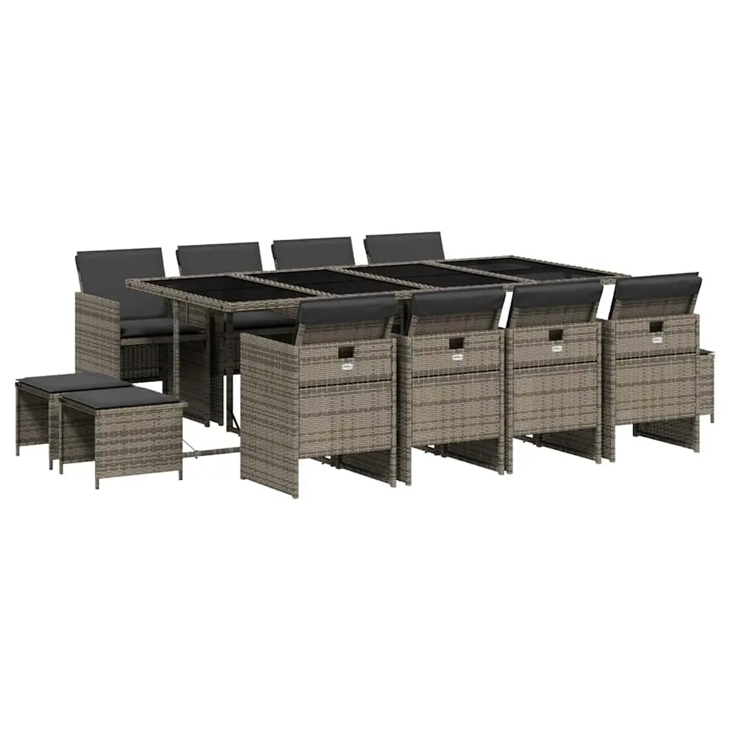 Outdoor Furniture Set Grey Poly Rattan Table with Cushioned Stools and Chairs 13 Piece