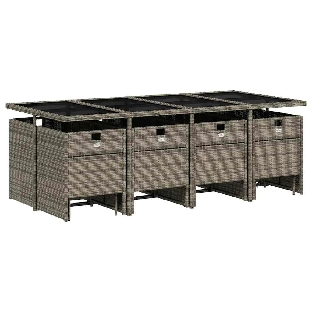 Outdoor Furniture Set Grey Poly Rattan Table with Cushioned Stools and Chairs 13 Piece