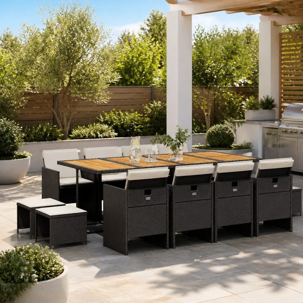 13 Piece Patio Dining Set Black PE Rattan Table Chairs Stools Cushions Outdoor Garden