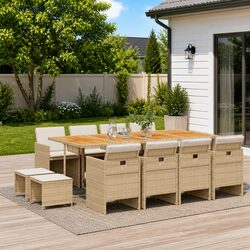 Outdoor Dining Set 13 Piece Garden Furniture Beige Poly Rattan Chairs Table