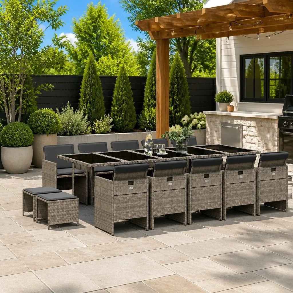 Garden Dining Set Grey Poly Rattan 15 Piece Outdoor Furniture with Cushions