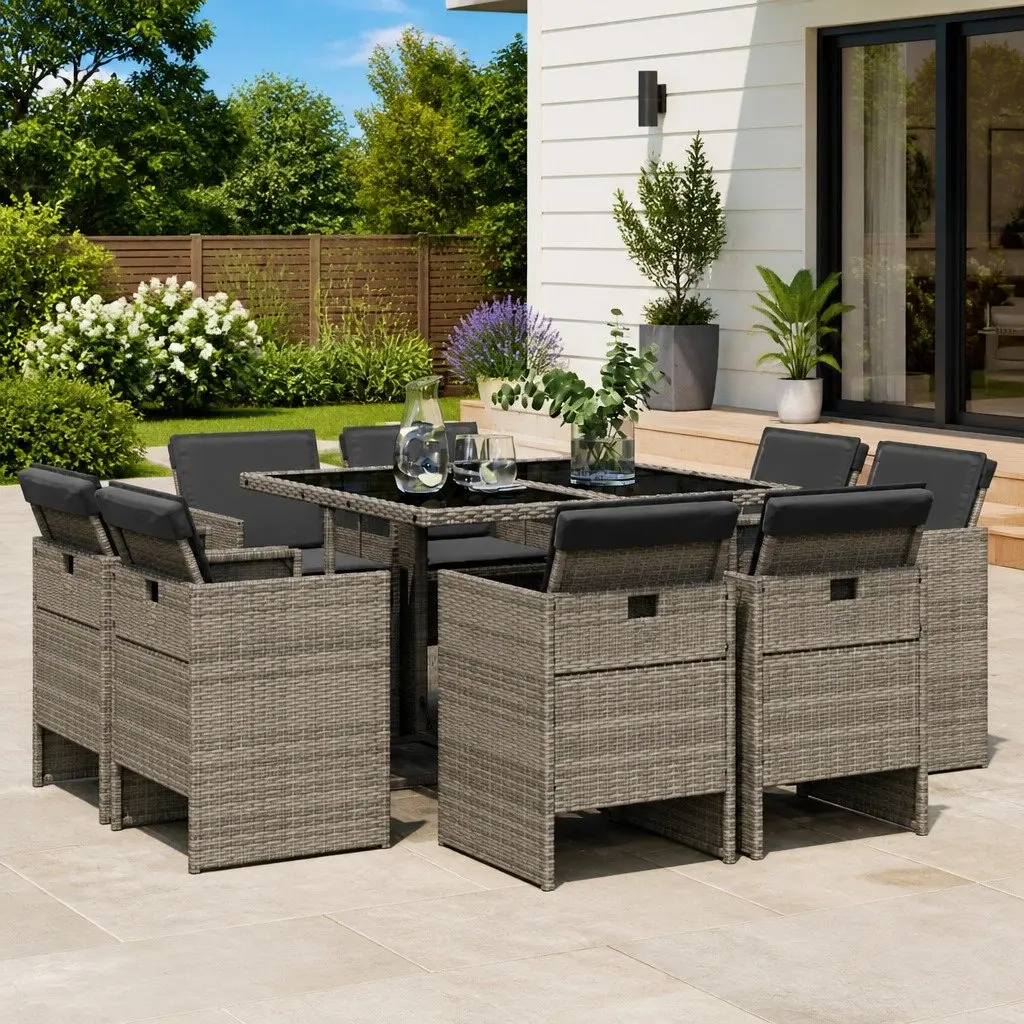 Garden Dining Set 9 Piece Grey Poly Rattan Chairs Table