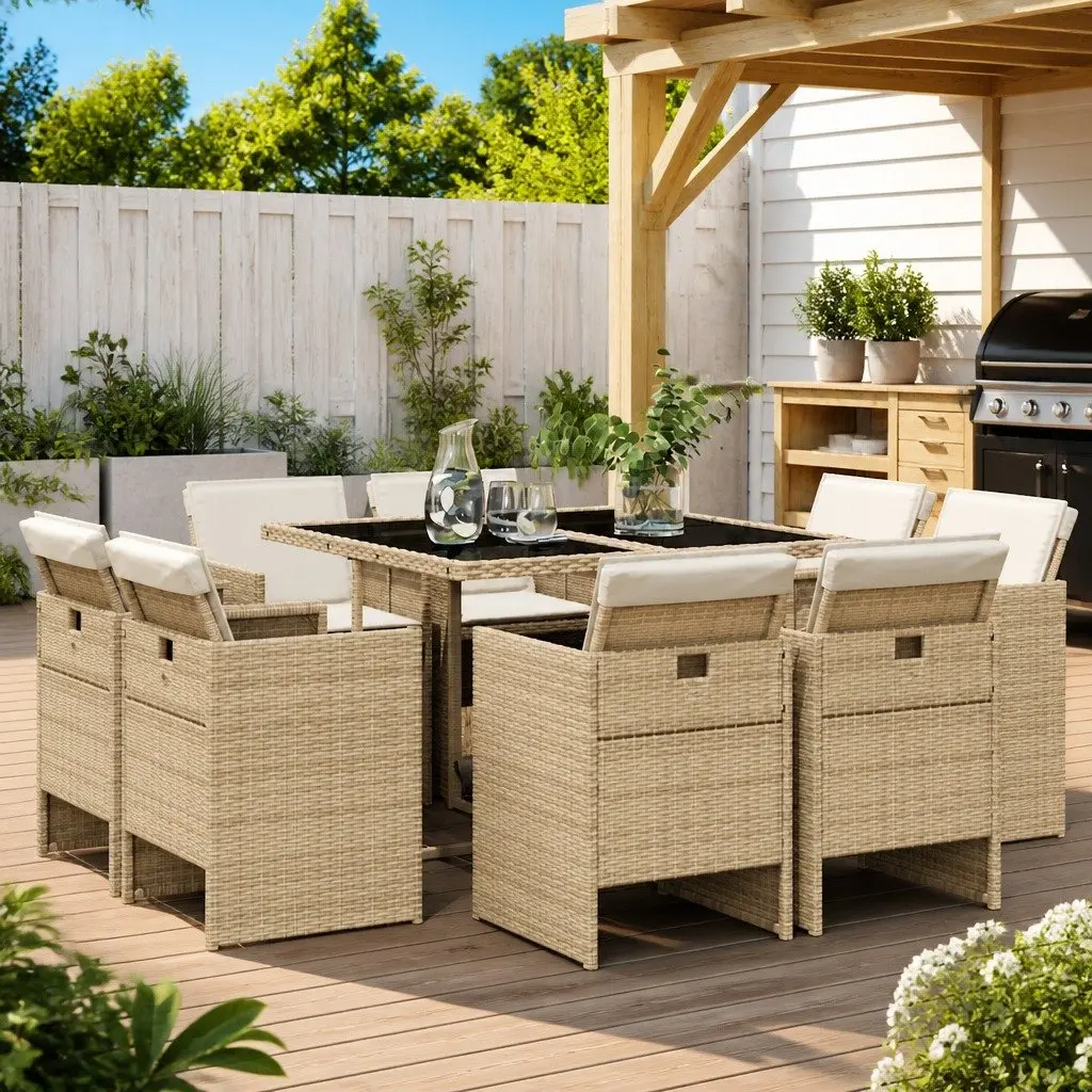 Outdoor Dining Set 9 Piece Beige PE Rattan Chairs Table