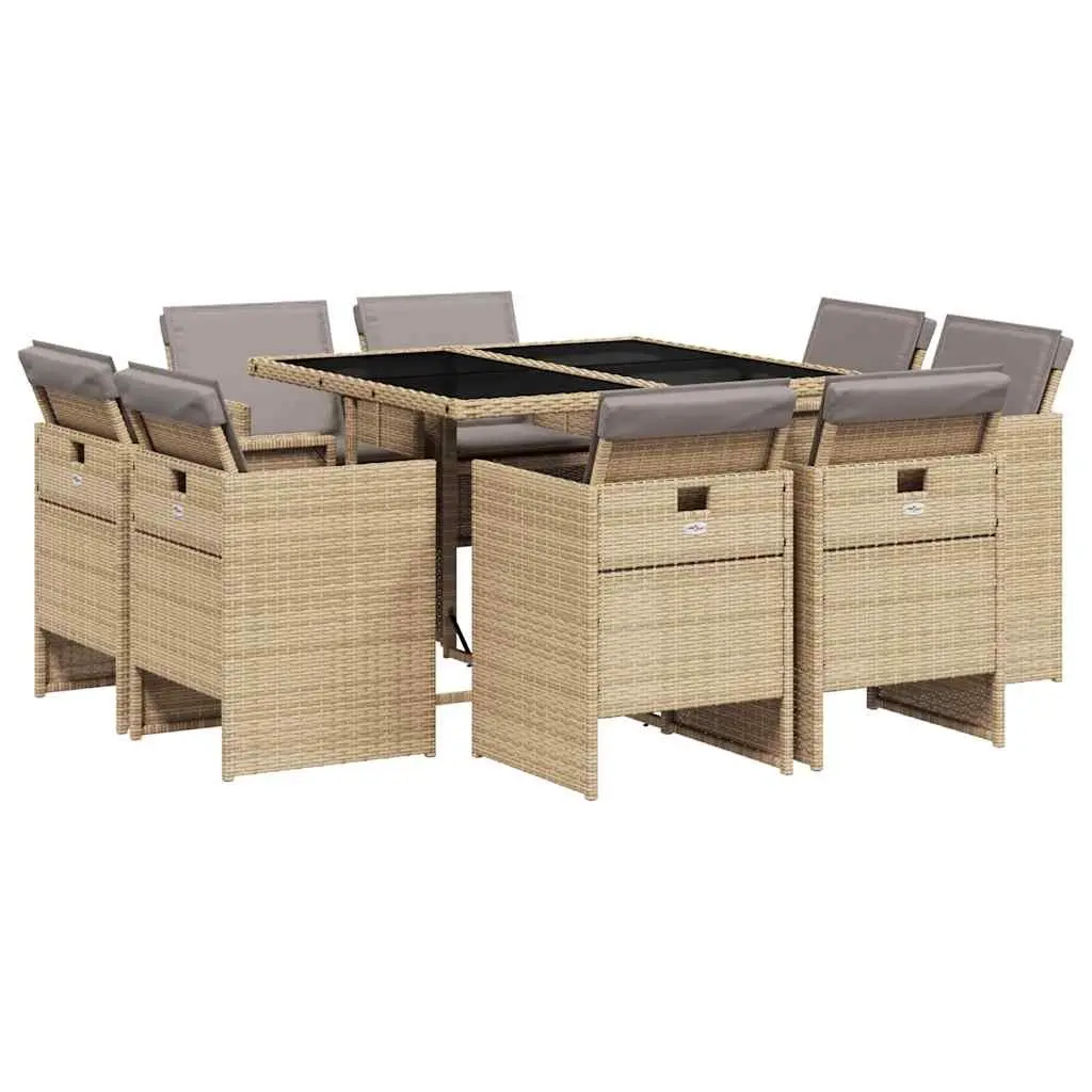 Garden Dining Set 9 Piece Outdoor Furniture PE Rattan Folding Chairs Cushions Beige