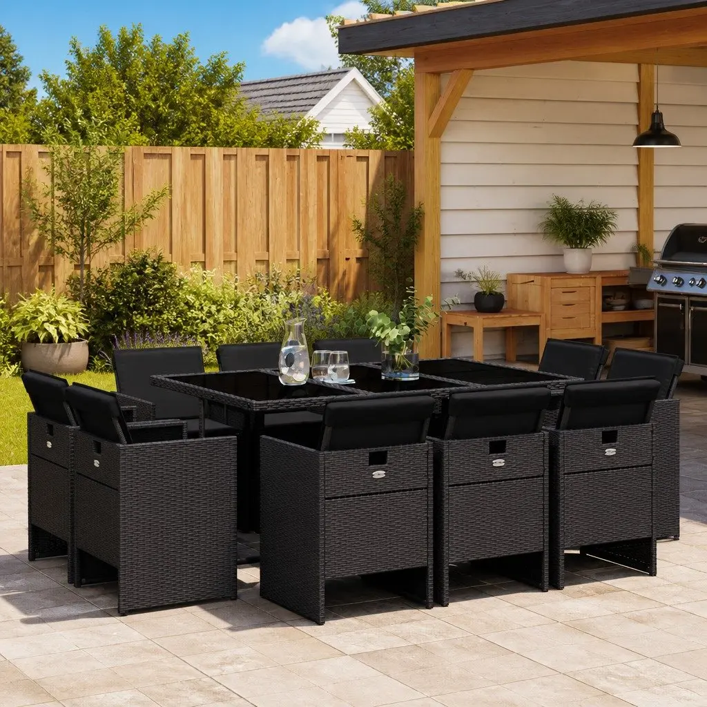 Outdoor Garden Dining Set with Tempered Glass Table and Folding Chairs in Black Poly Rattan with Cushions 11 Piece