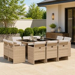 Garden Dining Set 11 Piece Outdoor Furniture Poly Rattan Chairs Table Beige
