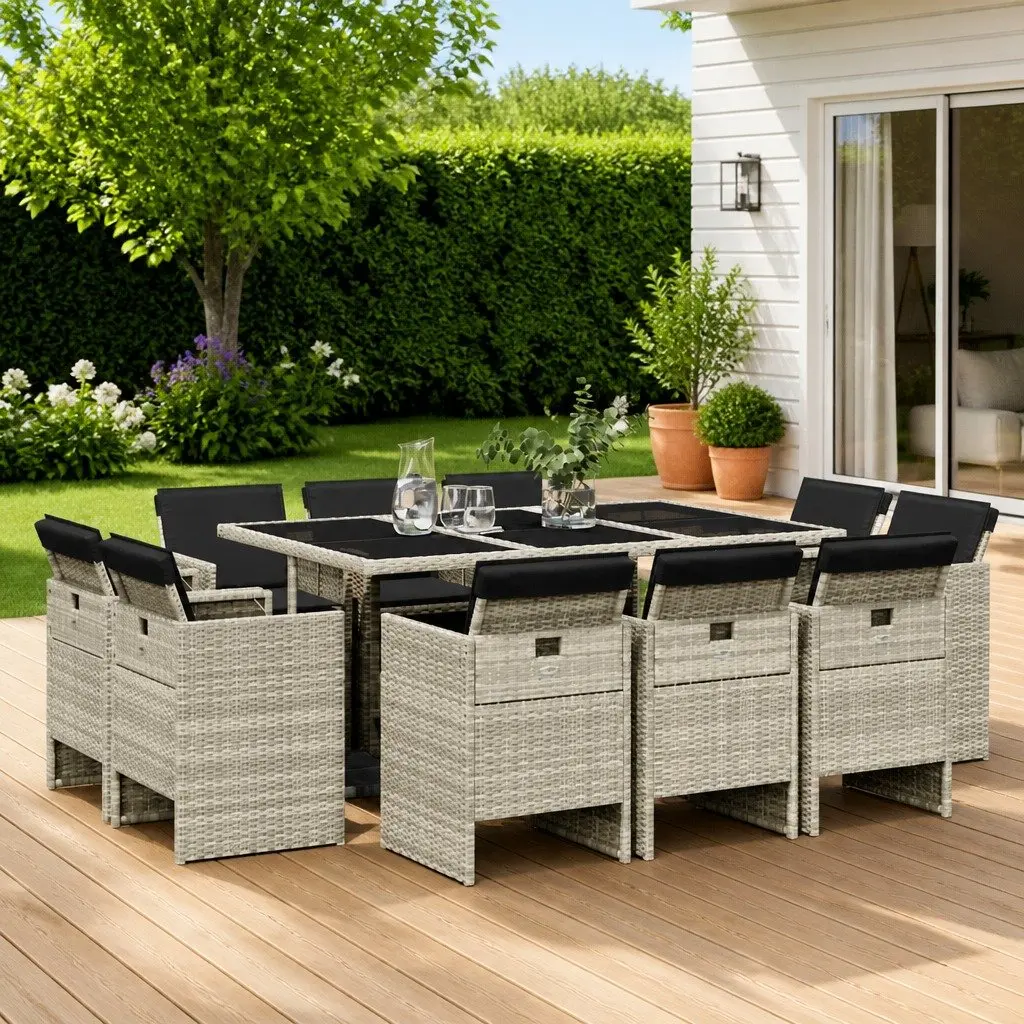 Garden Dining Set 11 Piece Grey Poly Rattan Outdoor Furniture with Cushions