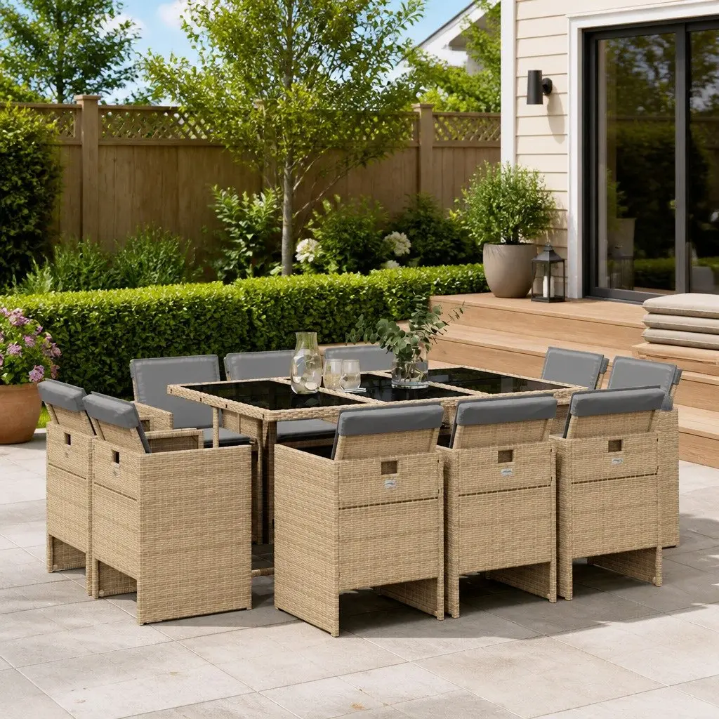 Outdoor Furniture Set 11 Piece Patio Dining Beigepoly Rattan Cushions Foldable Chairs Tempered Glass Table