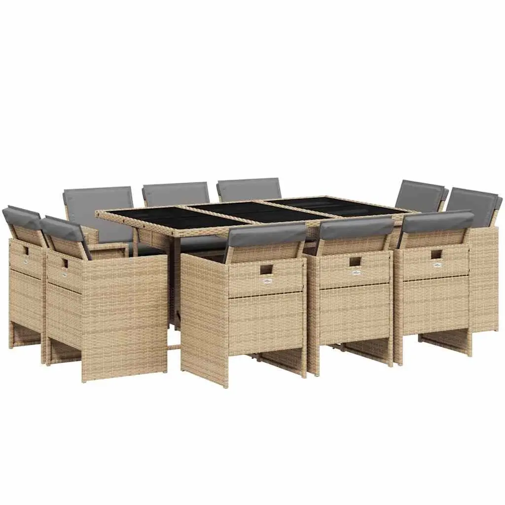 Outdoor Furniture Set 11 Piece Patio Dining Beigepoly Rattan Cushions Foldable Chairs Tempered Glass Table