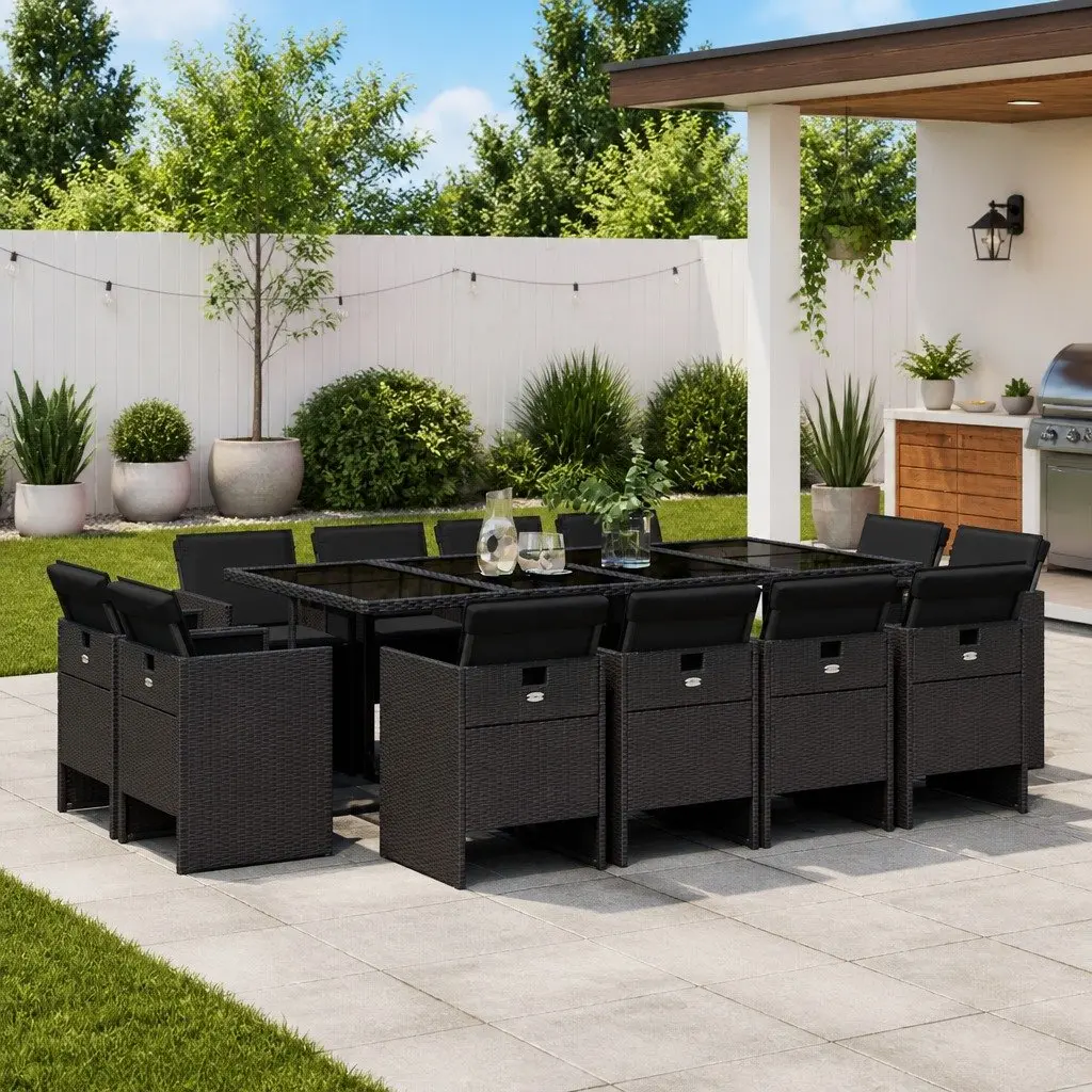 13 Piece Garden Dining Set Black Poly Rattan Chairs Table Outdoor Furniture