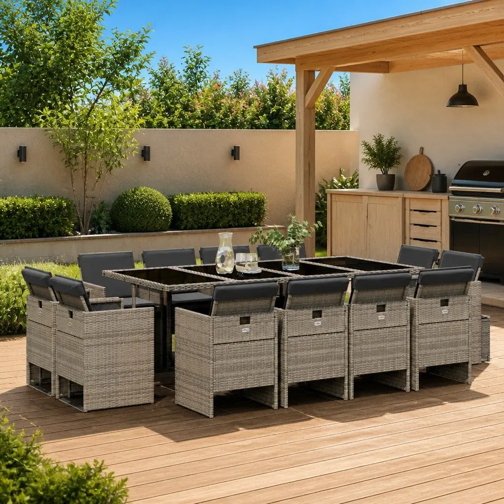 Garden Dining Set 13 Piece Outdoor Furniture Grey Poly Rattan with Cushions