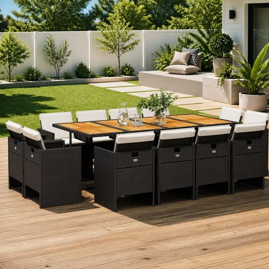 Garden Dining Set 13 Piece Outdoor Furniture Black Poly Rattan Chairs Table