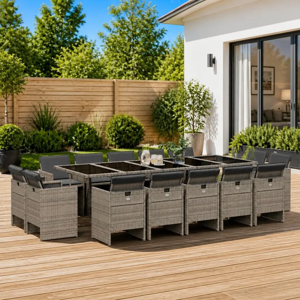 Garden Dining Set Grey Poly Rattan 15 Piece Outdoor Furniture with Cushions