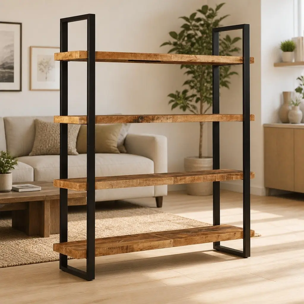 4-Tier Bookcase Vintage Industrial Style 160x40x180cm Rough Mango Wood Shelving Unit
