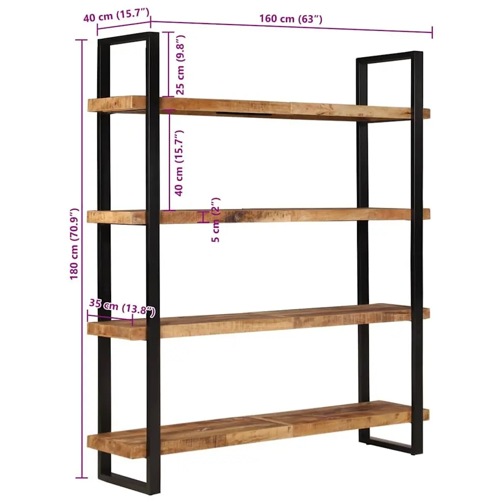 4-Tier Bookcase Vintage Industrial Style 160x40x180cm Rough Mango Wood Shelving Unit