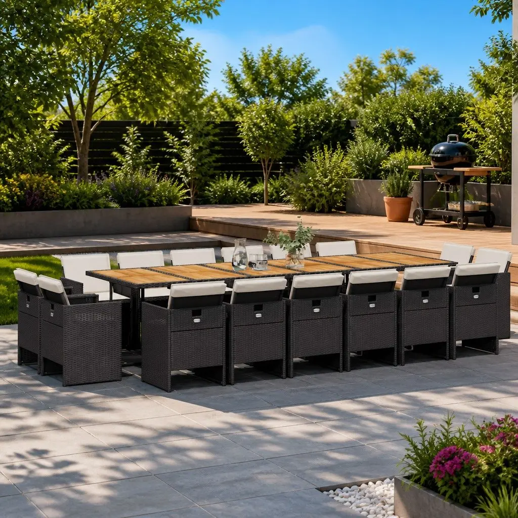 Garden Dining Set 17 Piece Outdoor Furniture Black Poly Rattan Cushions Patio